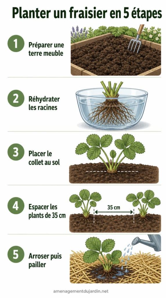 Étapes visuelles de plantation d'un fraisier