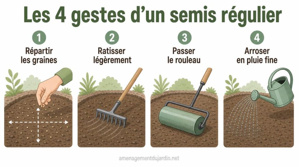 Quatre gestes illustrés pour réussir un semis de gazon