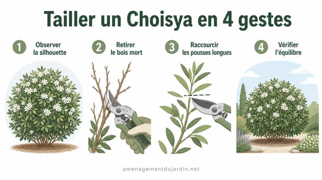 Quatre gestes illustrés pour tailler un Choisya