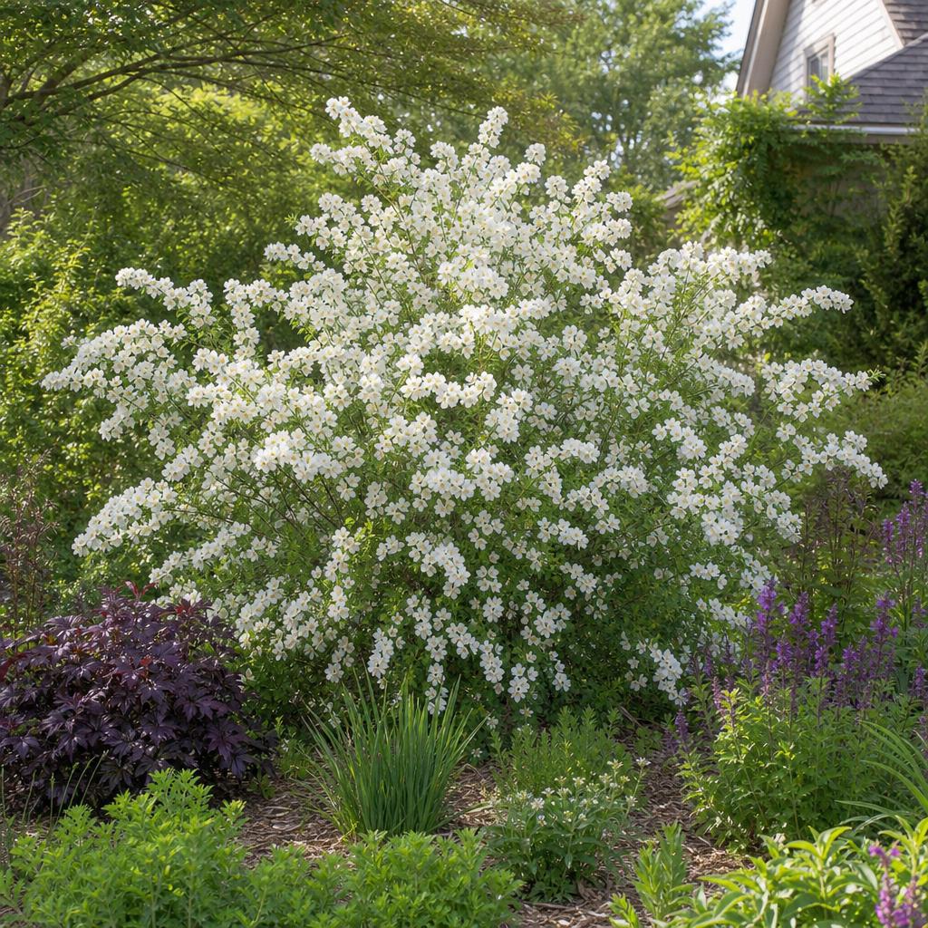 Exochorda The Bride aux fleurs blanches en massif