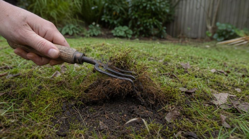Feutre brun et mousse entre les brins d’herbe