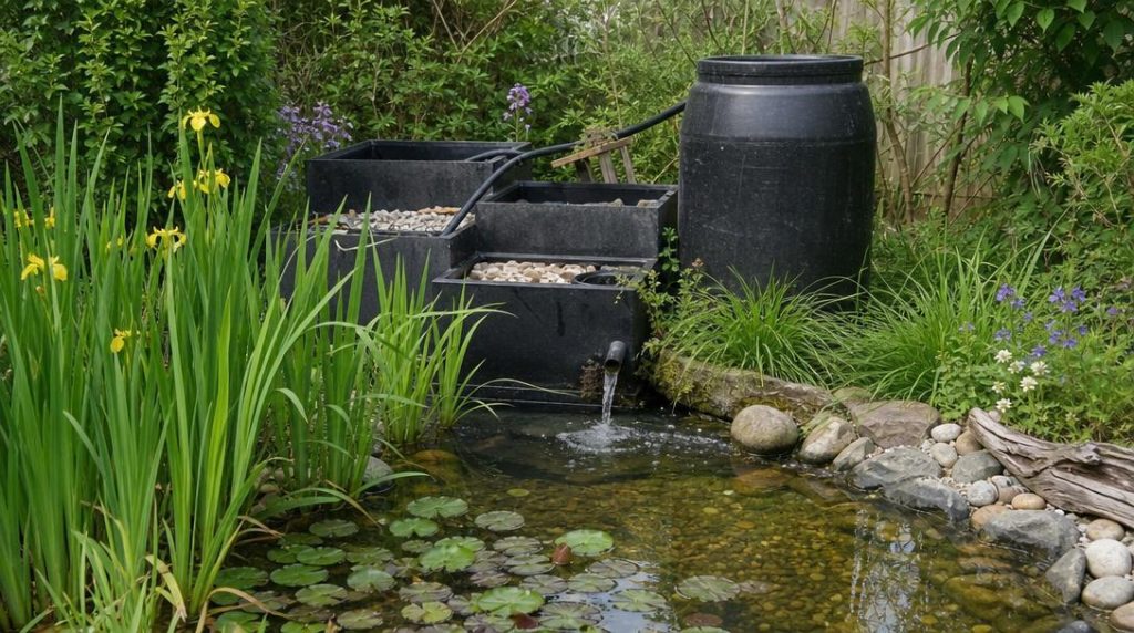 Filtre maison discret près d'un bassin végétalisé
