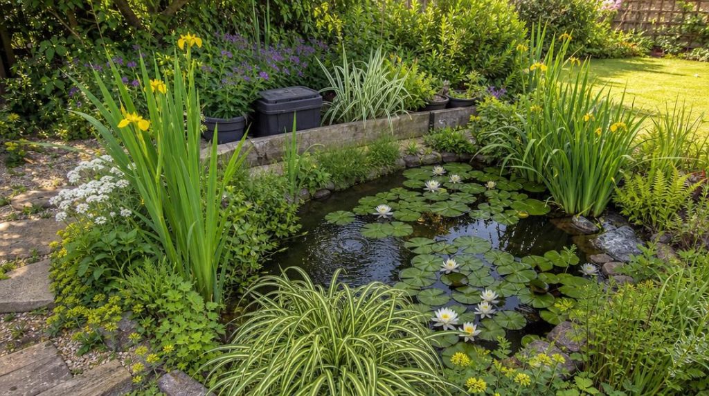 Filtre à pompe caché près d'un bassin planté