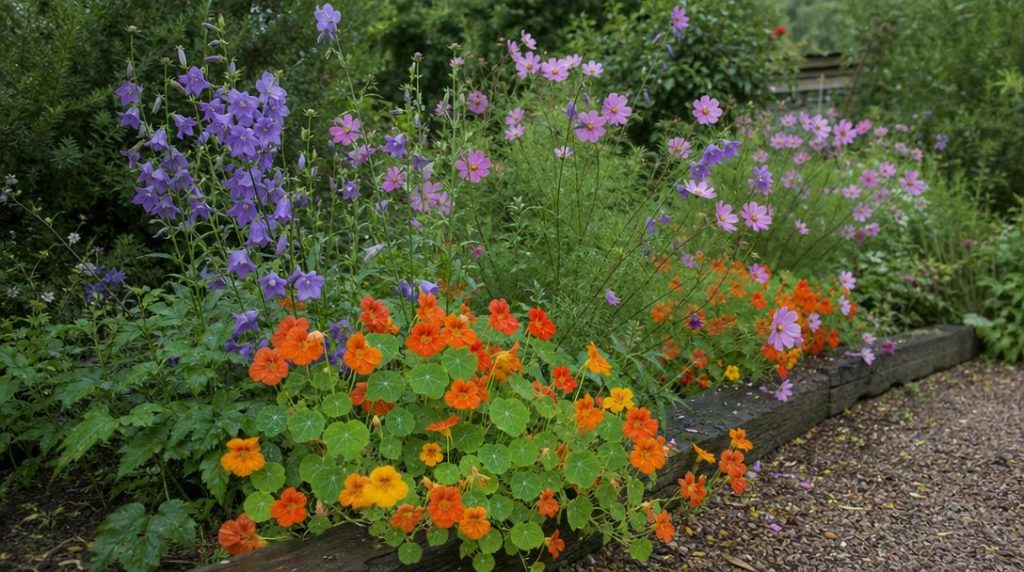 Massif estival de campanules capucines et cosmos en fleurs