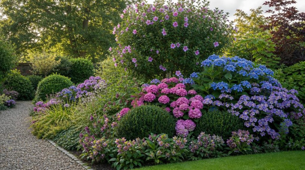 Massif fleuri réunissant plusieurs fleurs en H au printemps