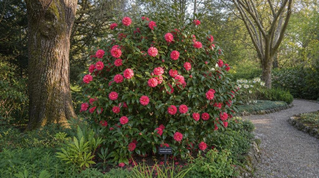 Camélia Middlemist rouge fleuri dans un jardin botanique