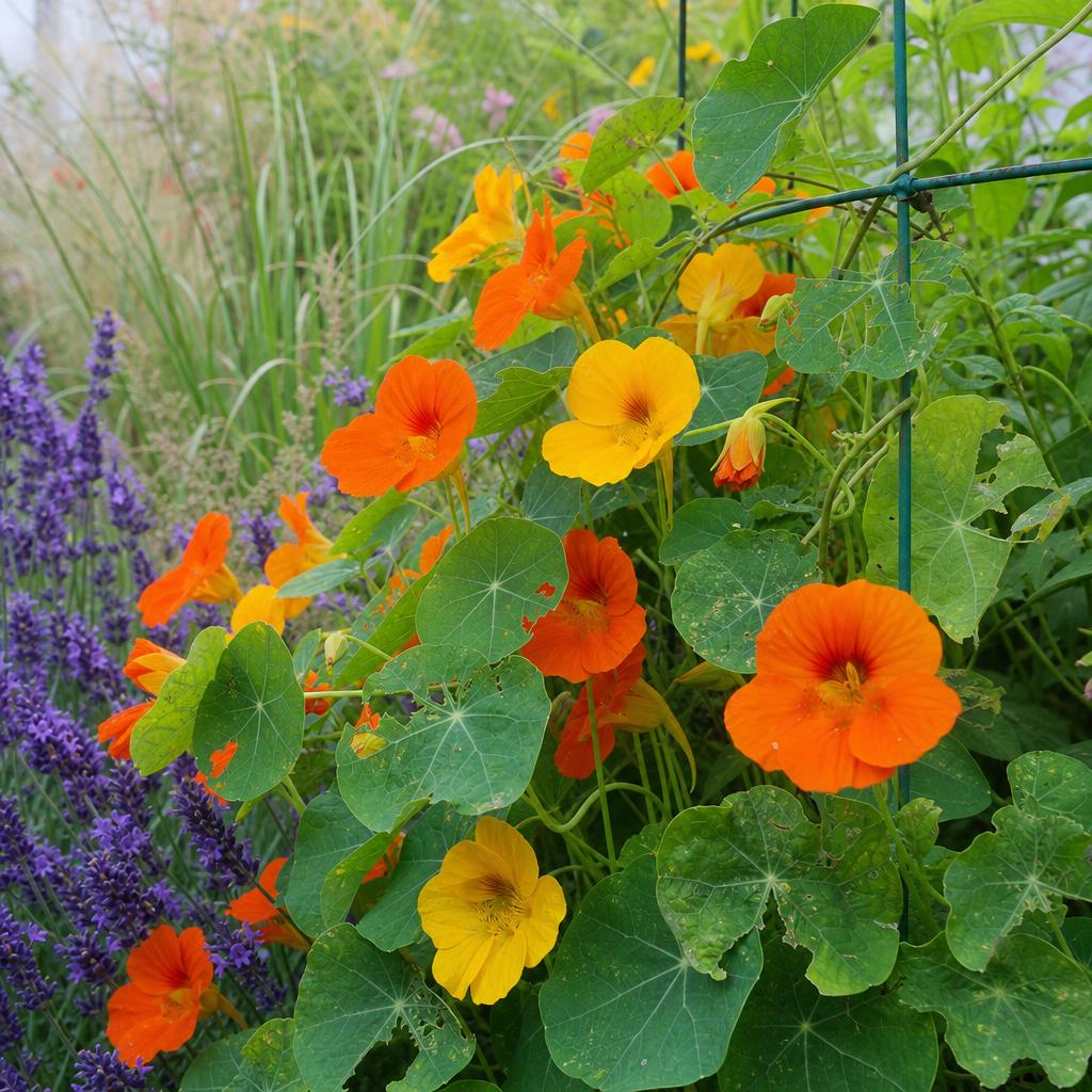Fleurs orange et jaunes de capucine en été