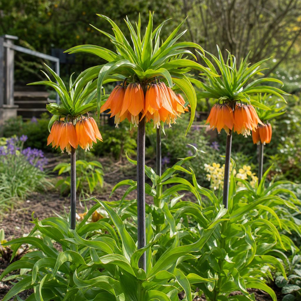 Fritillaires impériales orange en floraison dans un massif
