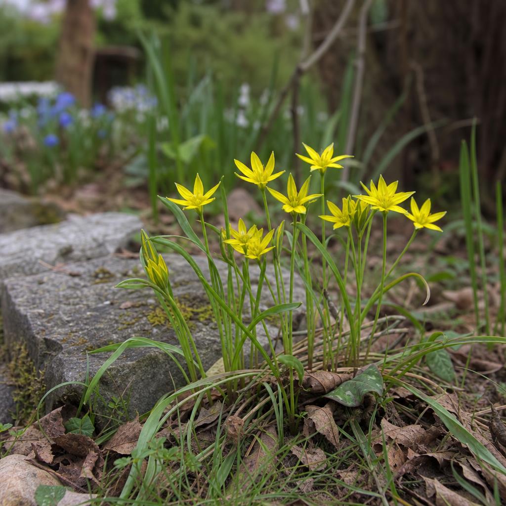 Petites fleurs jaunes de gagée parmi les feuilles