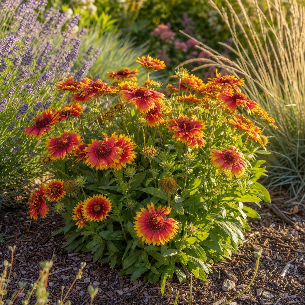 Fleurs de gaillarde rouges bordées de jaune