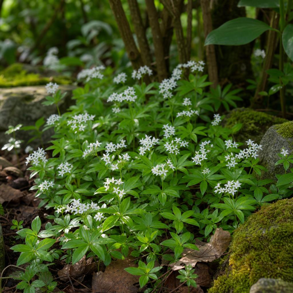 Fleurs blanches du gaillet odorant en sous-bois