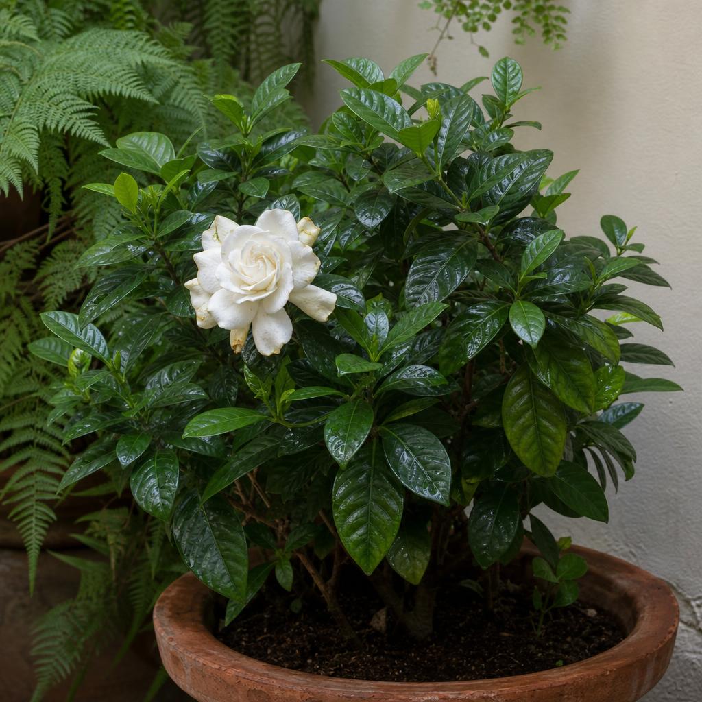 Fleur blanche de gardénia sur feuillage vert brillant