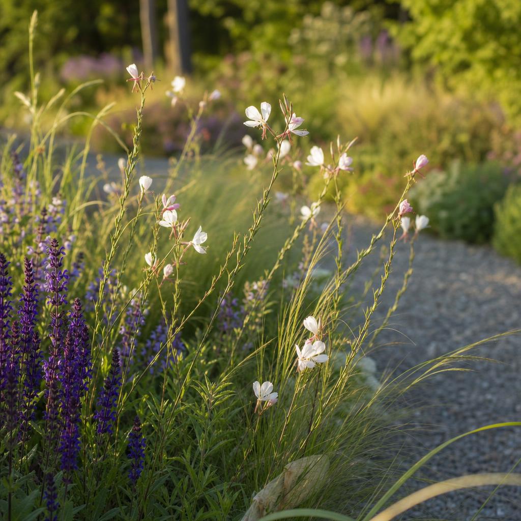 Fleurs blanches et roses de gaura dans un massif