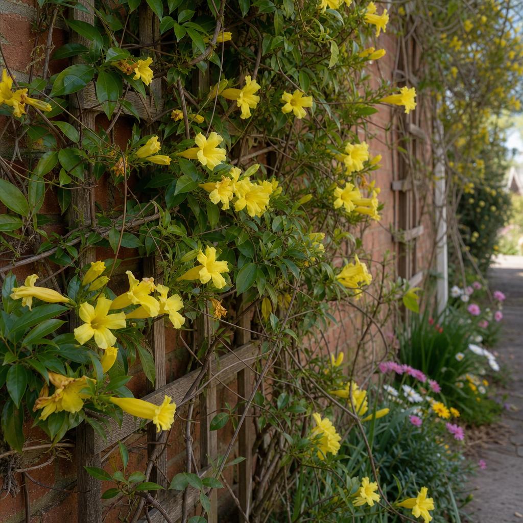 Fleurs jaunes de gelsemium sur un treillage