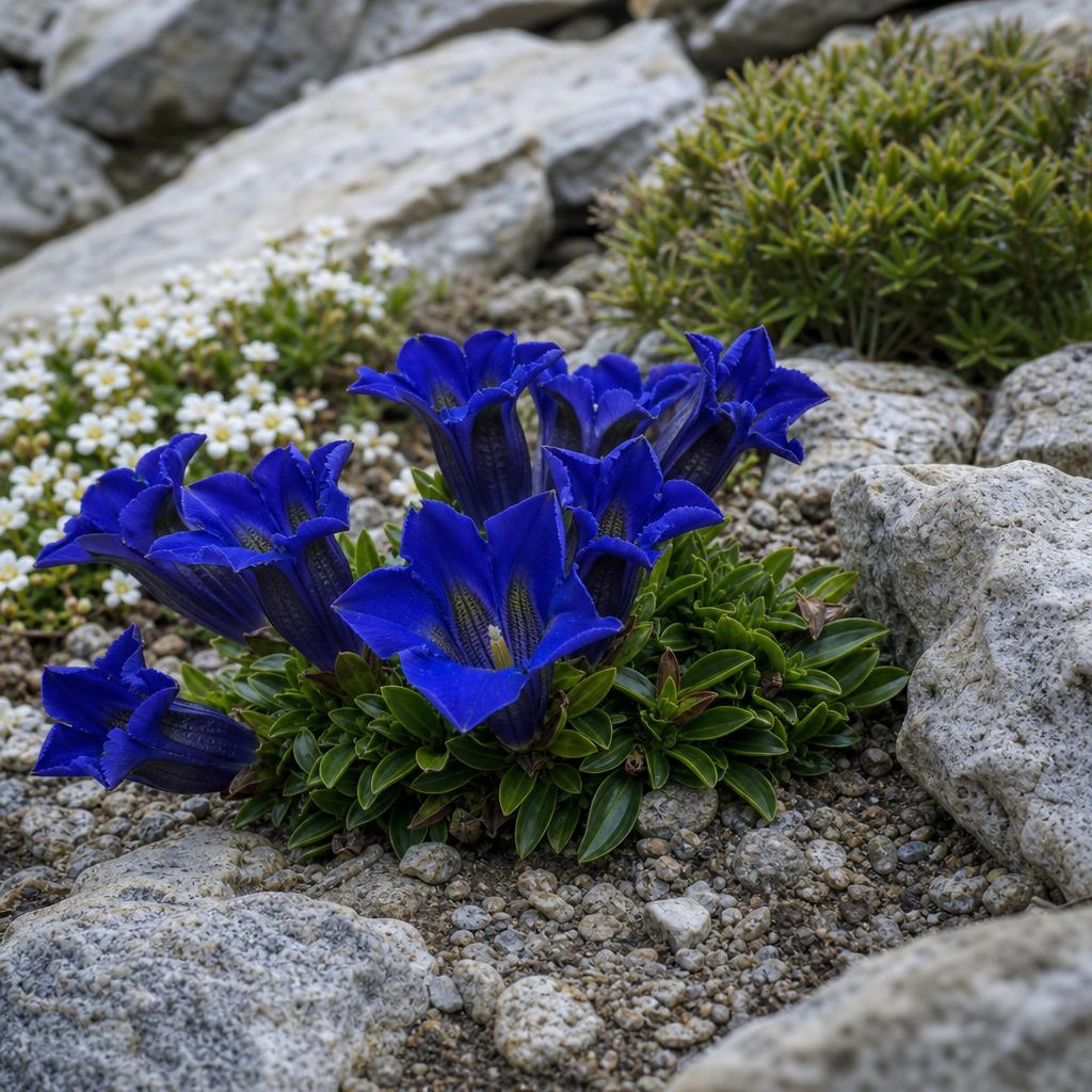 Gentiane bleue ouverte entre les pierres de rocaille