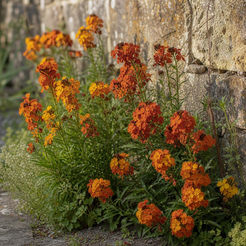 Giroflées orange fleuries contre un mur ancien