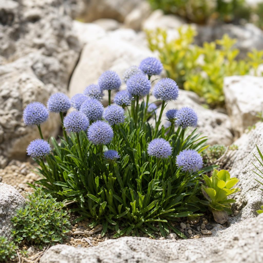 Fleurs bleues rondes de globulaire entre les pierres