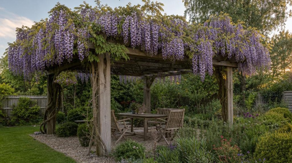 Glycine mauve couvrant une pergola en bois