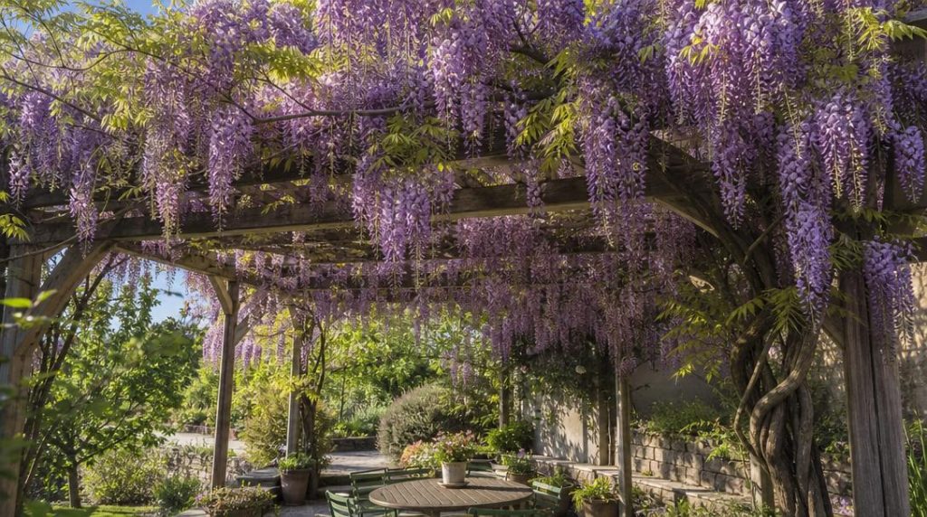 Grappes violettes de glycine sur une pergola