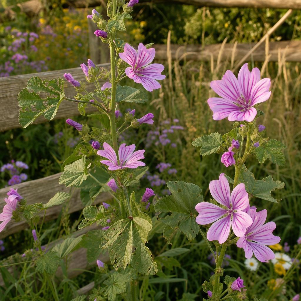 Fleurs mauves veinées sur tiges de grande mauve
