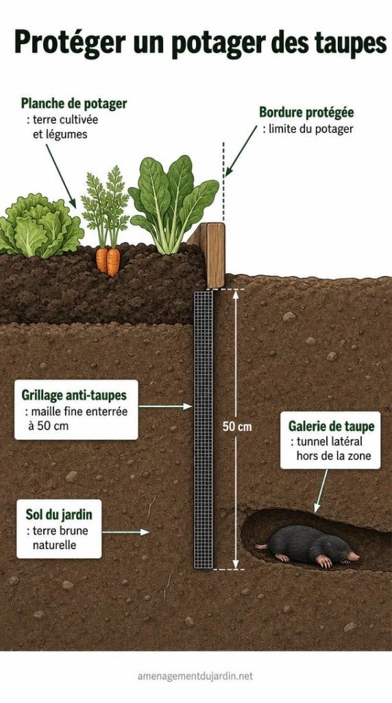 Schéma de grillage enterré autour d’un potager