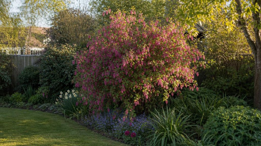 Groseillier à fleurs rose dans un massif printanier