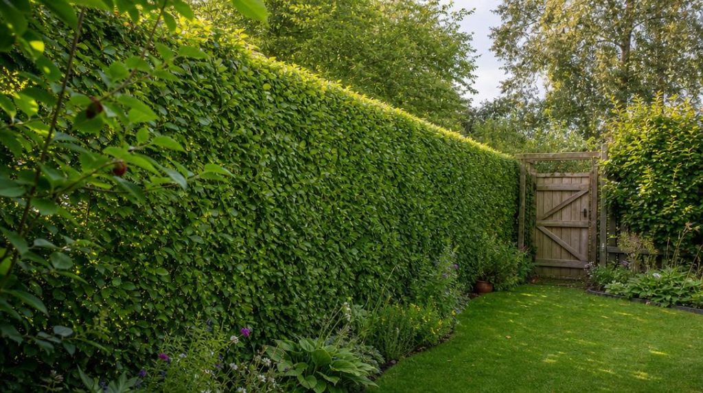 Haie de charmille dense le long d’un jardin familial