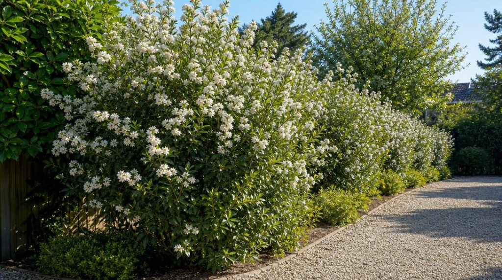 Haie dense d’escallonia blanc le long d’une allée