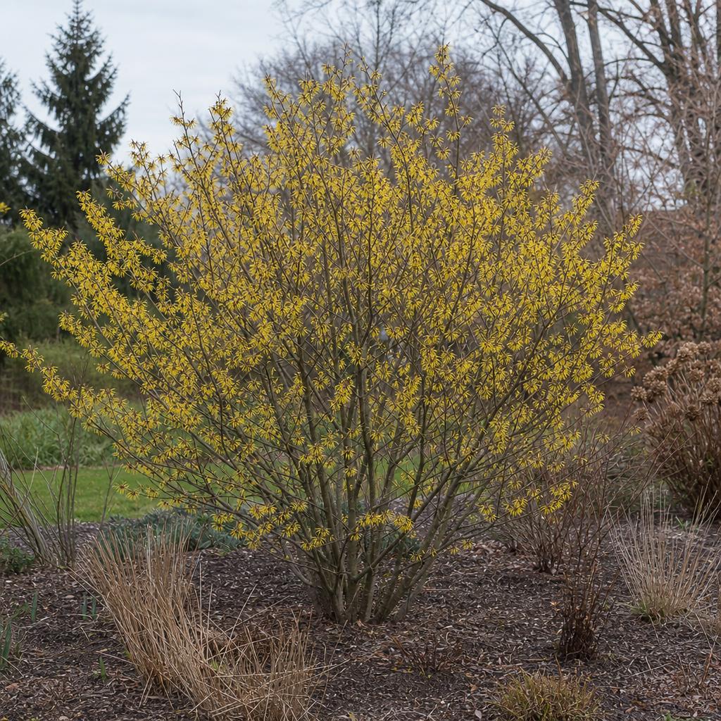 Hamamélis aux fleurs jaunes sur rameaux nus
