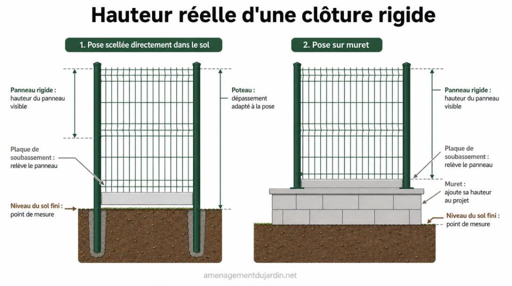 Schéma de hauteur de clôture sur sol et muret