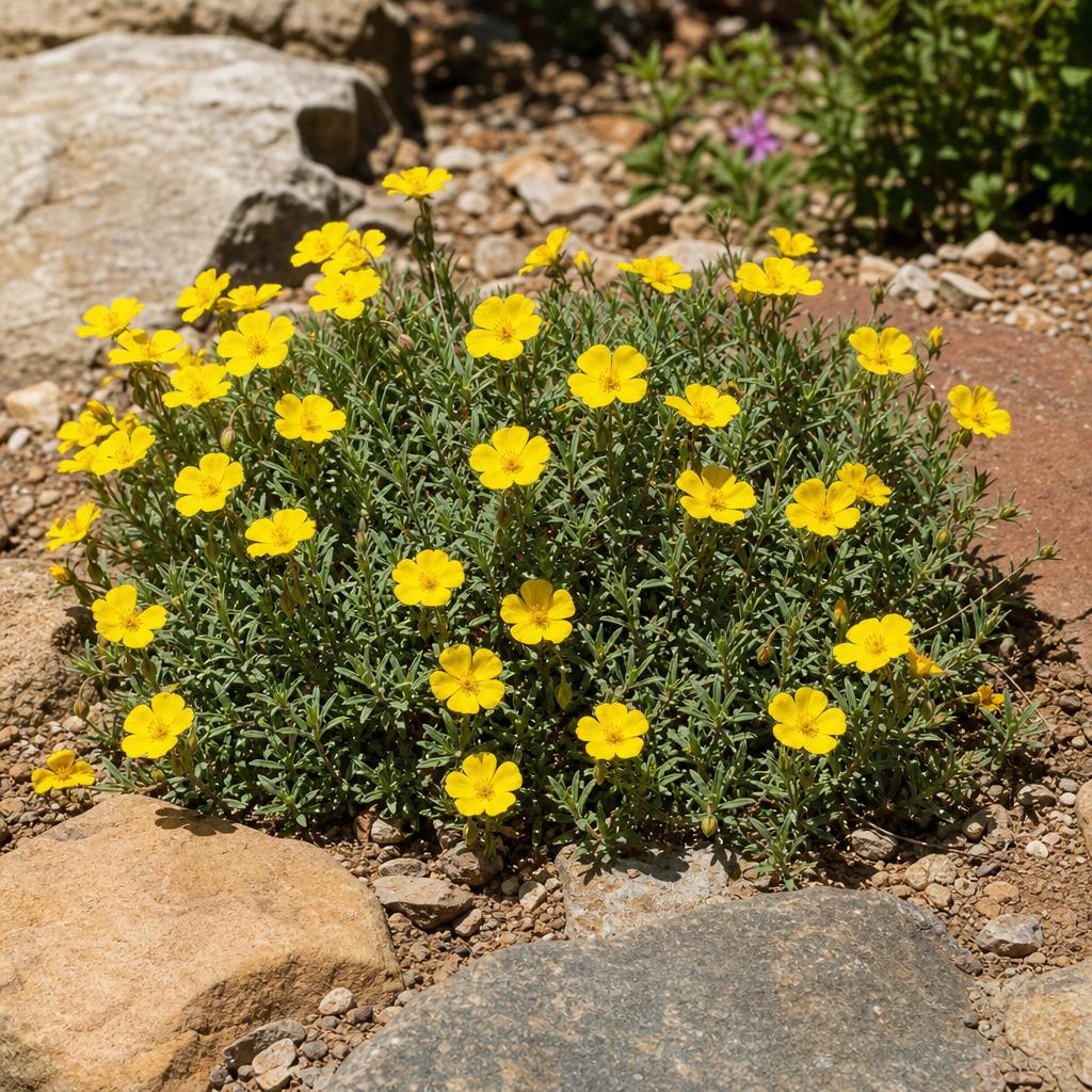 Hélianthème jaune fleuri sur une rocaille sèche