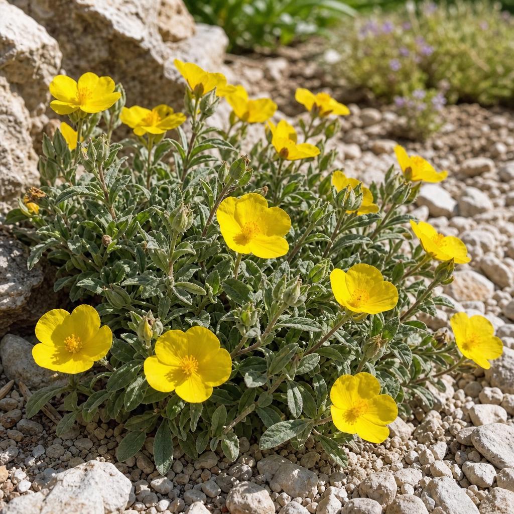 Hélianthème jaune sur sol caillouteux ensoleillé
