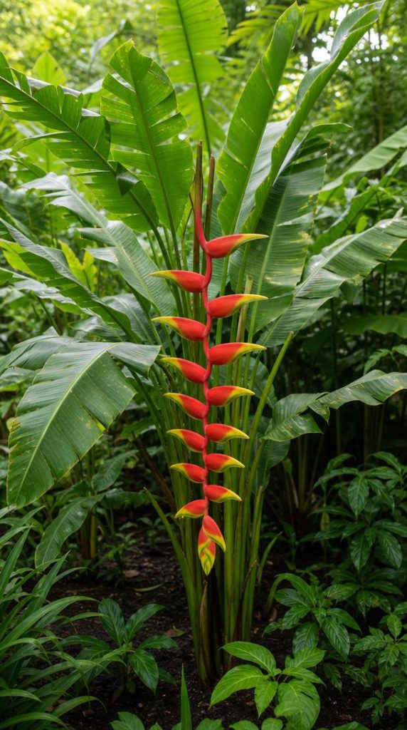 Heliconia aux bractées rouges et jaunes suspendues