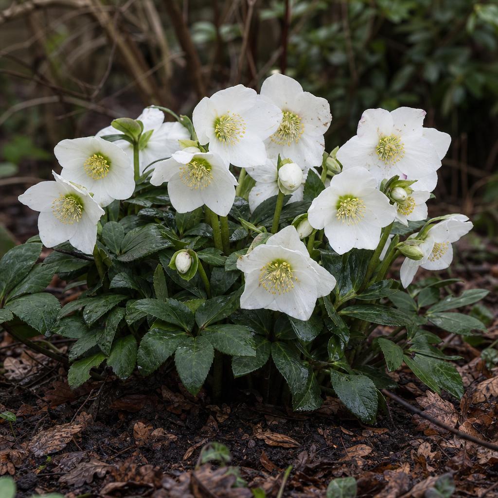 Hellébore blanc en fleurs dans un massif d'hiver