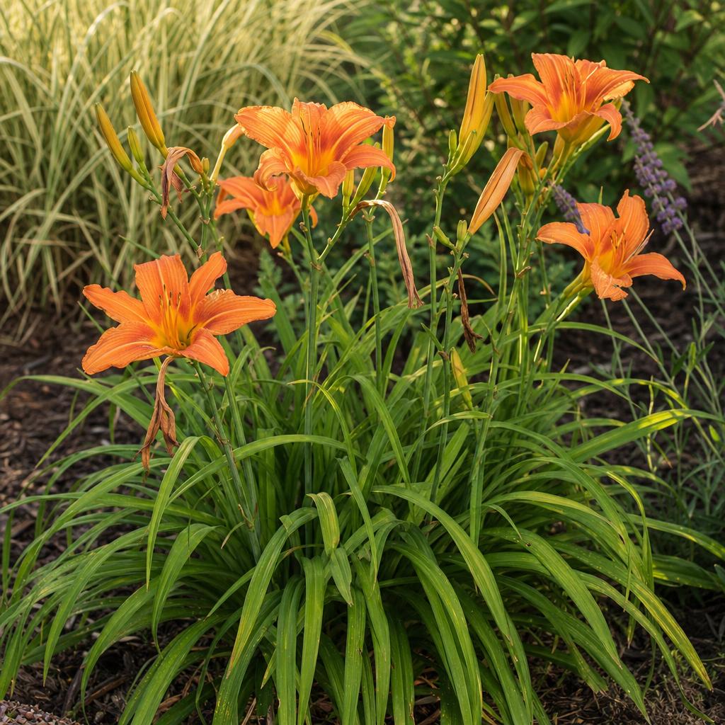 Hémérocalle orange en fleurs dans un massif