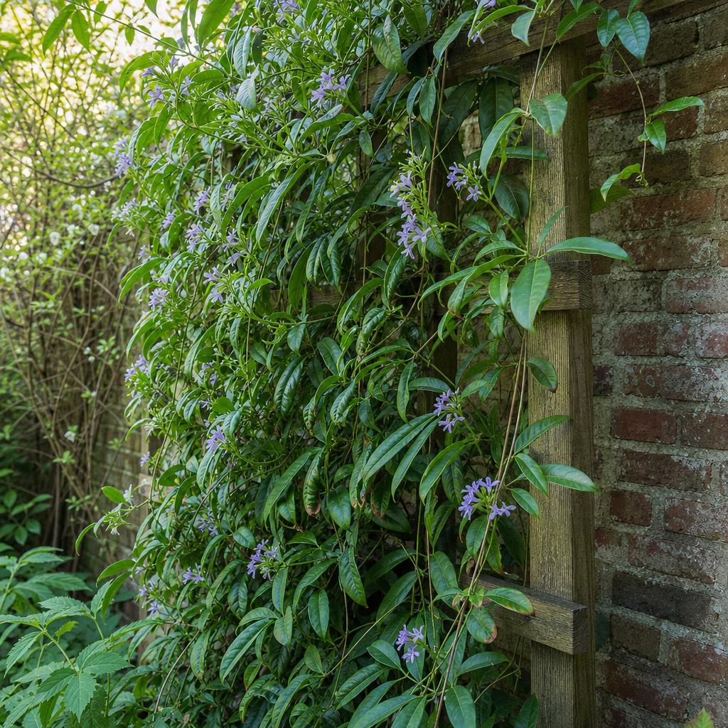 Holboellia fleurie sur treillage dans jardin abrité