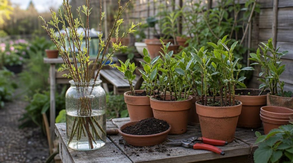 Boutures et eau de saule sur un établi de jardin