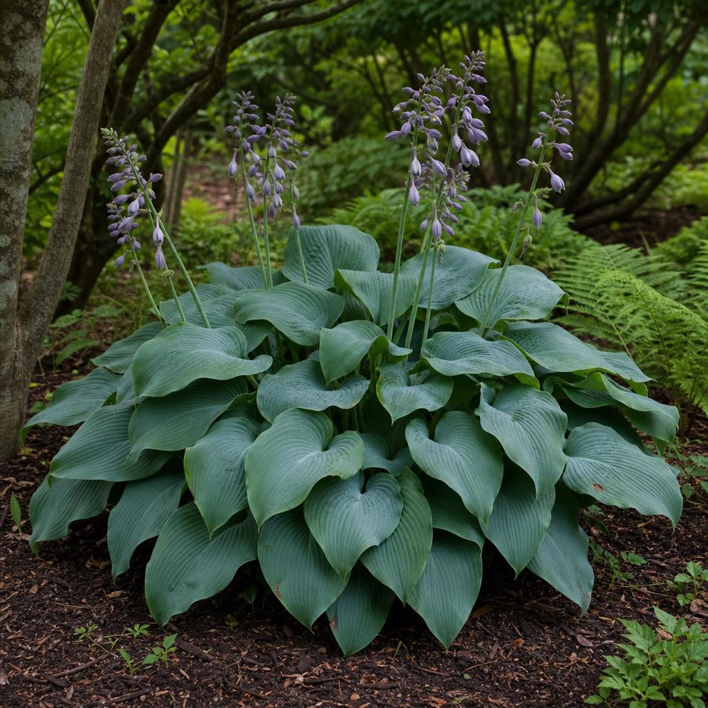 Hosta fleuri au feuillage bleu vert dans l'ombre