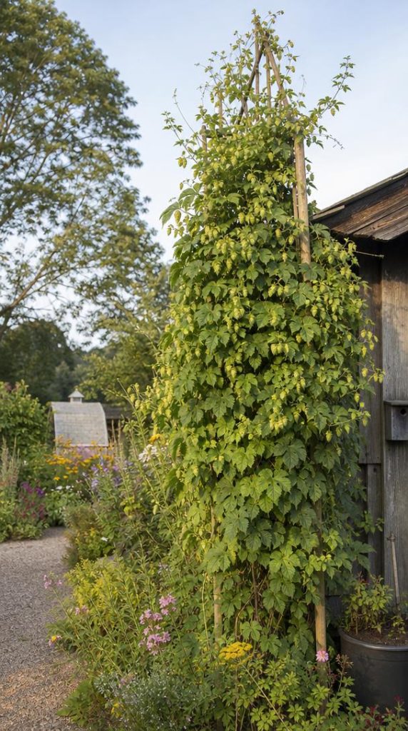 Houblon grimpant avec cônes verts sur treillage