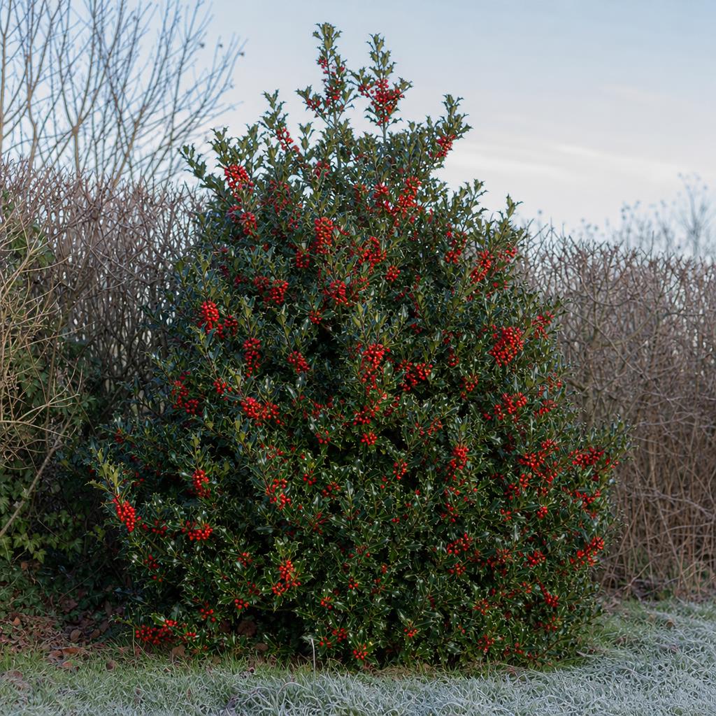 Houx persistant chargé de baies rouges en hiver