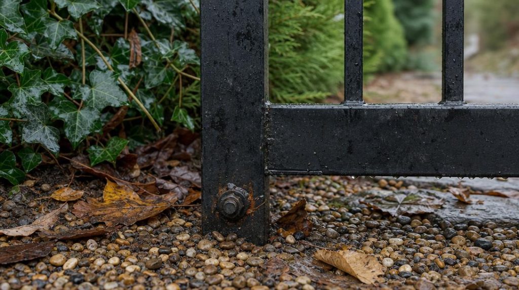 Fixation basse de portail humide avec trace de corrosion