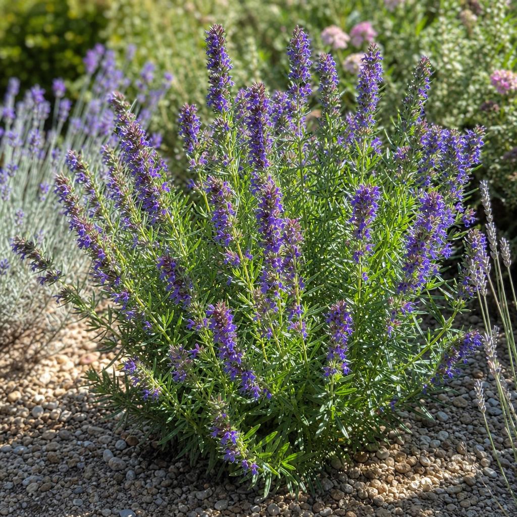 Hysope bleue fleurie dans une bordure sèche