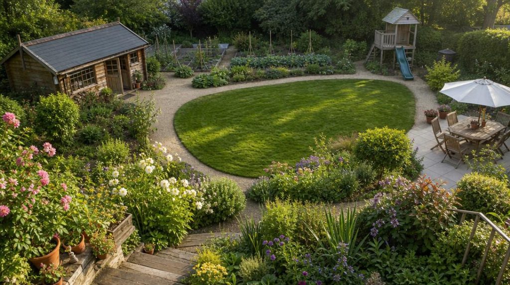 Annexe bois entre terrasse potager et pelouse familiale