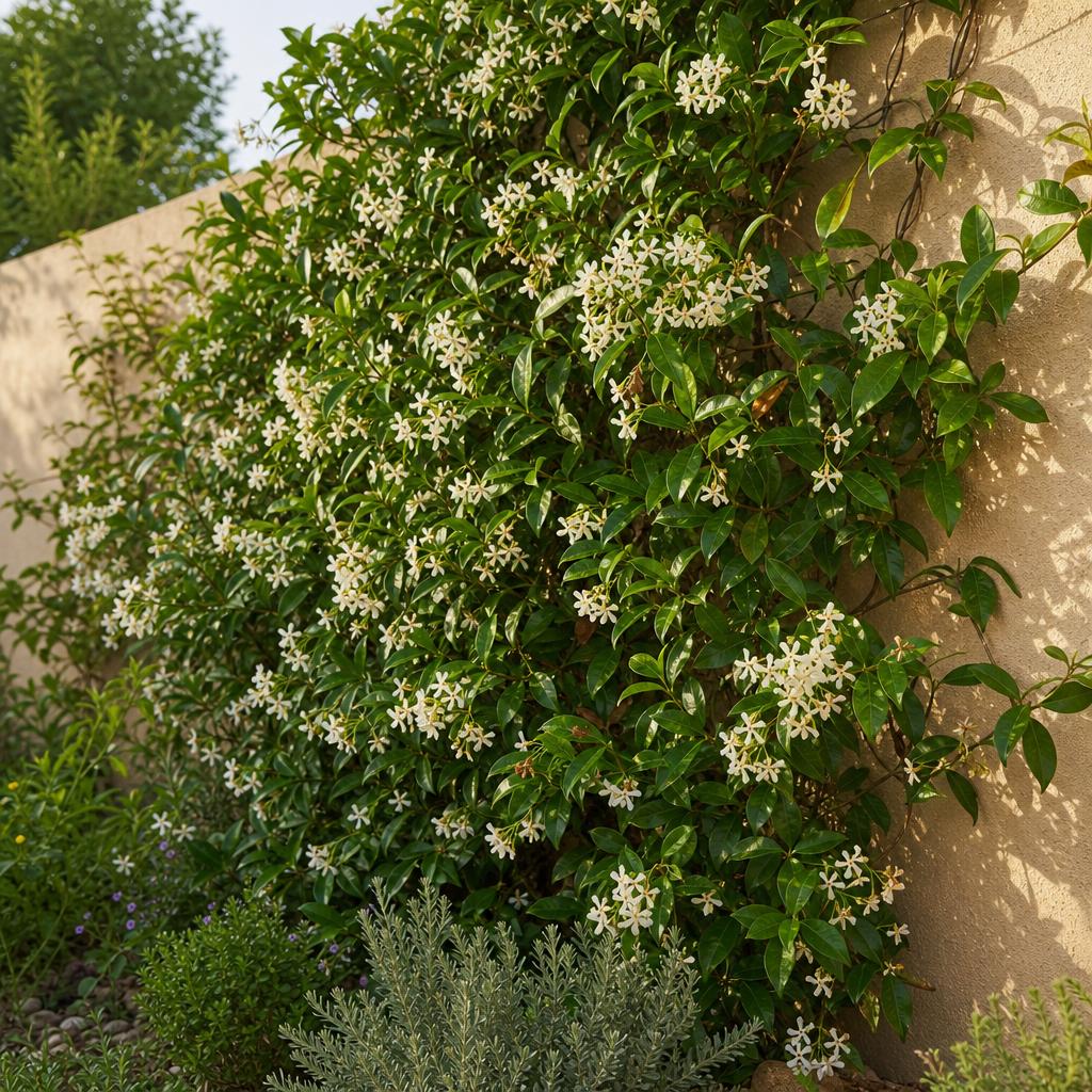 Jasmin étoilé fleuri sur mur ensoleillé et abrité