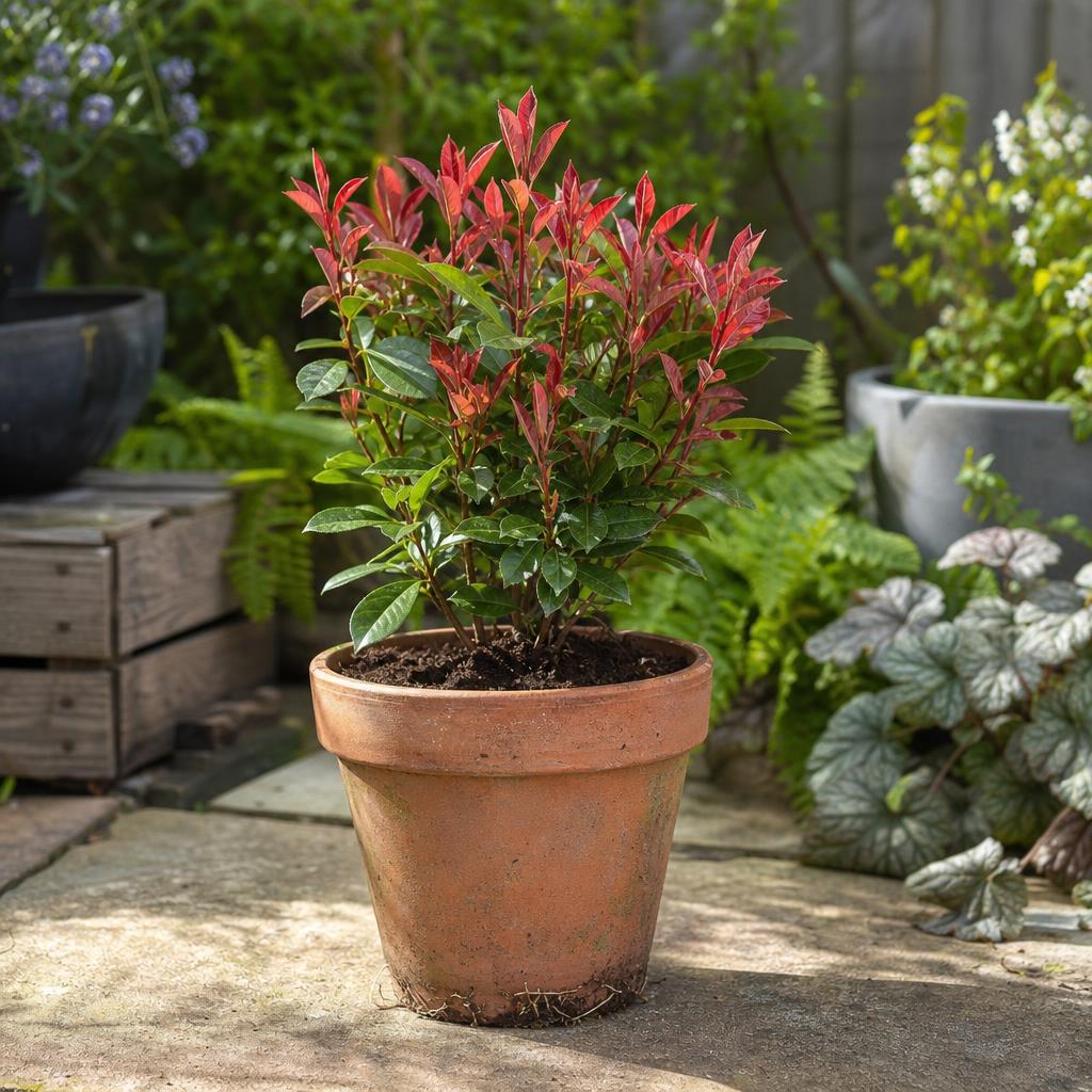 Jeune photinia enraciné avec pousses rouges au printemps