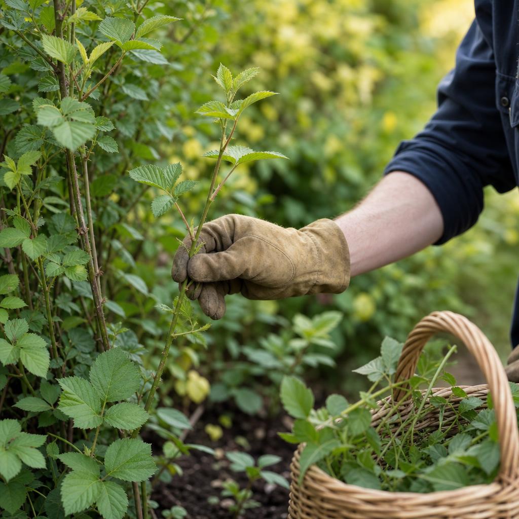 Jeunes rameaux de ronce verts dans une haie de jardin