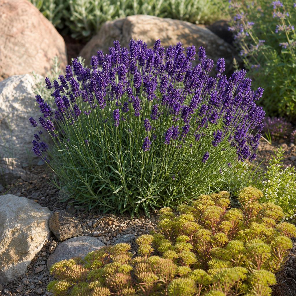 Lavande violette compacte dans une rocaille sèche