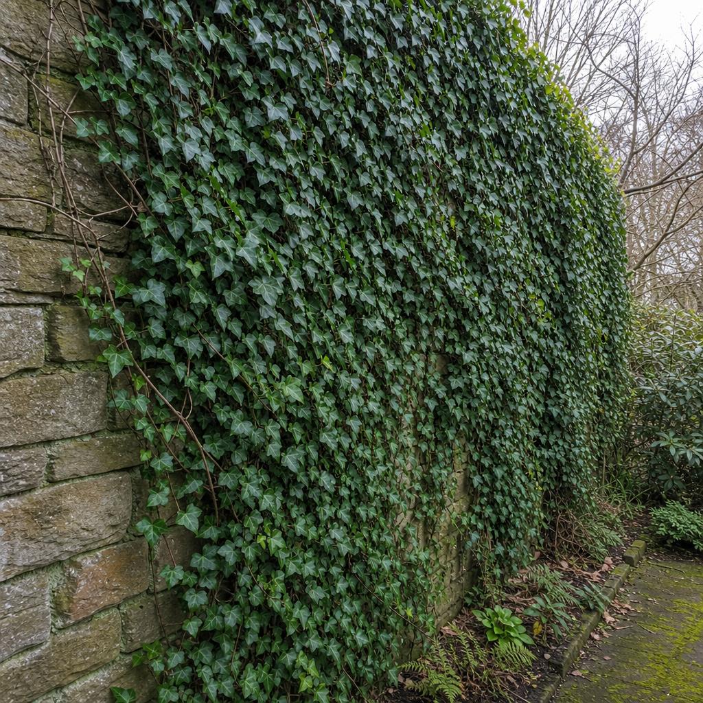 Lierre commun dense sur mur ombragé en hiver