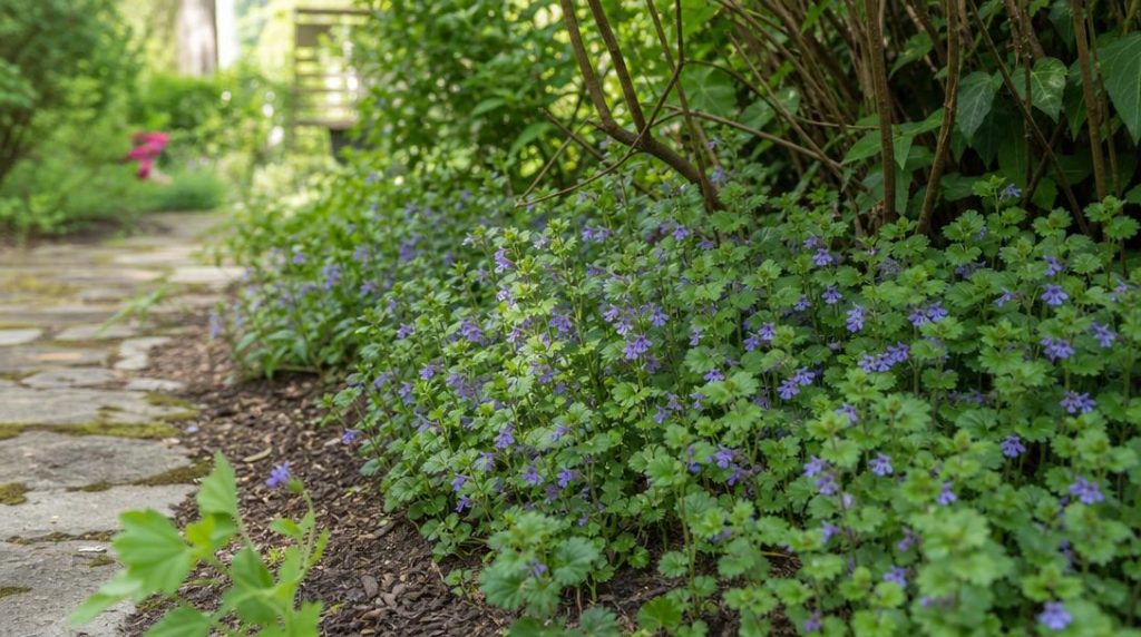 Lierre terrestre fleuri sous des arbustes au printemps