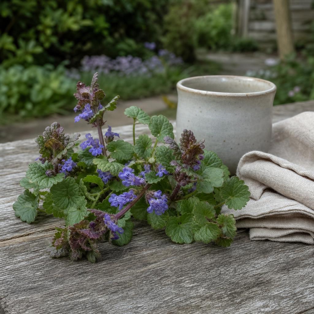 Brin fleuri de lierre terrestre près d'une tasse